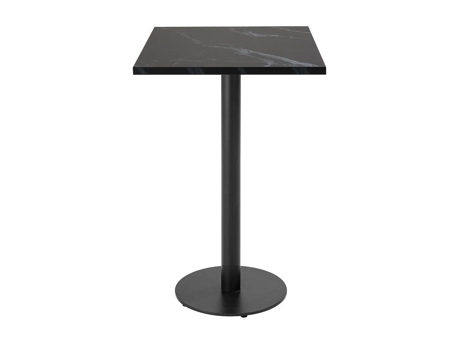 Table haute carrée 60 cm pied noir et revêtement marbre noir