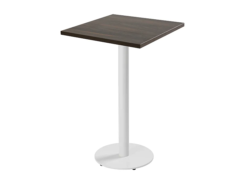 Table haute carrée 60 cm pied blanc et revêtement bois foncé