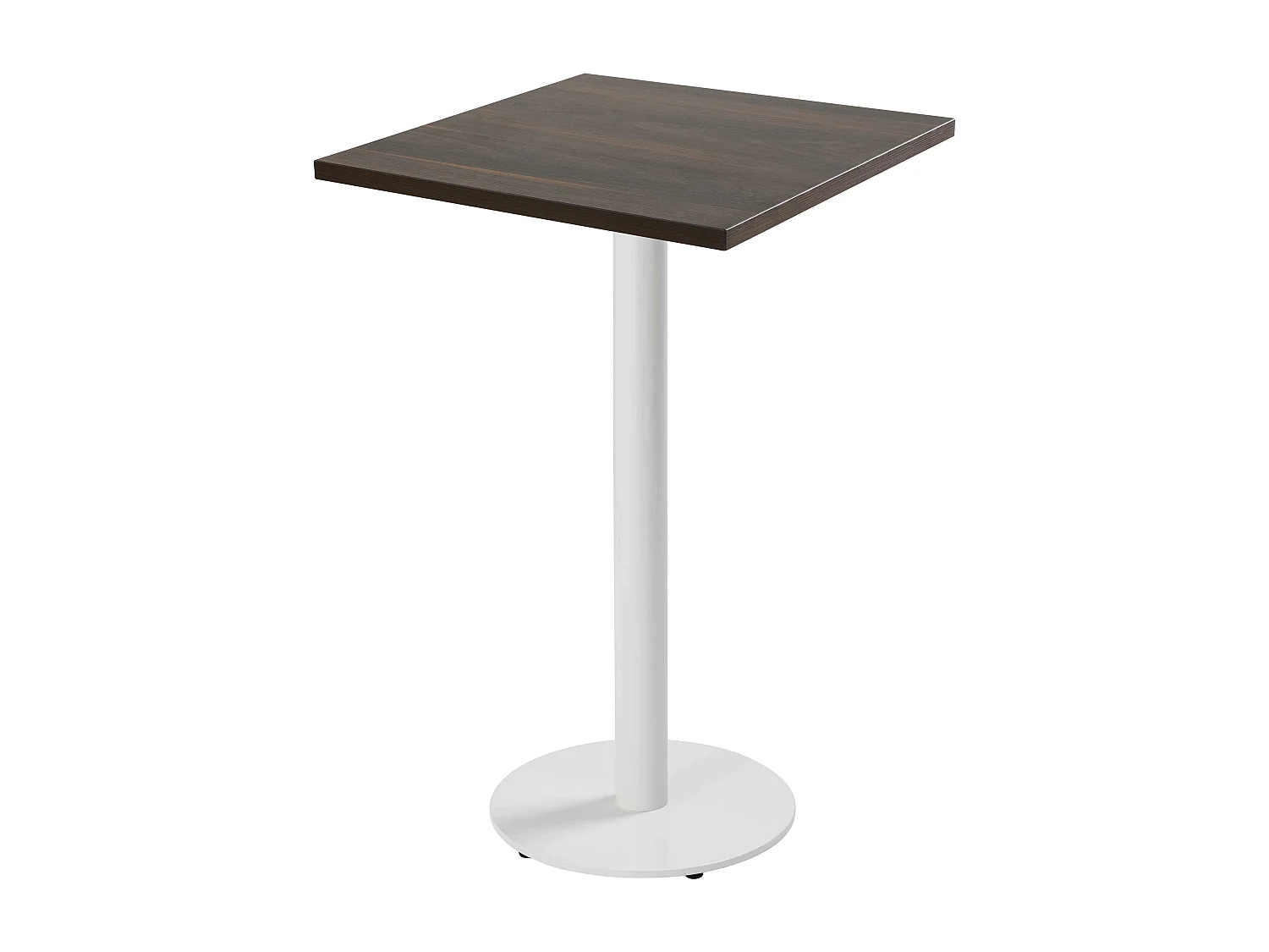 Table haute carrée 60 cm pied blanc et revêtement bois foncé