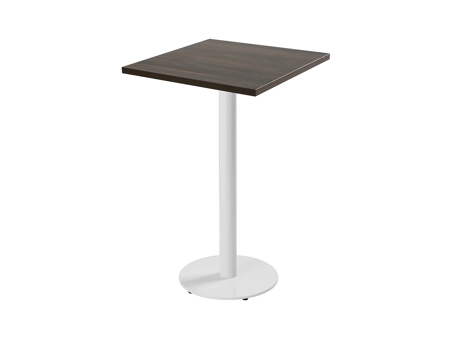 Table haute carrée 60 cm pied blanc et revêtement bois foncé