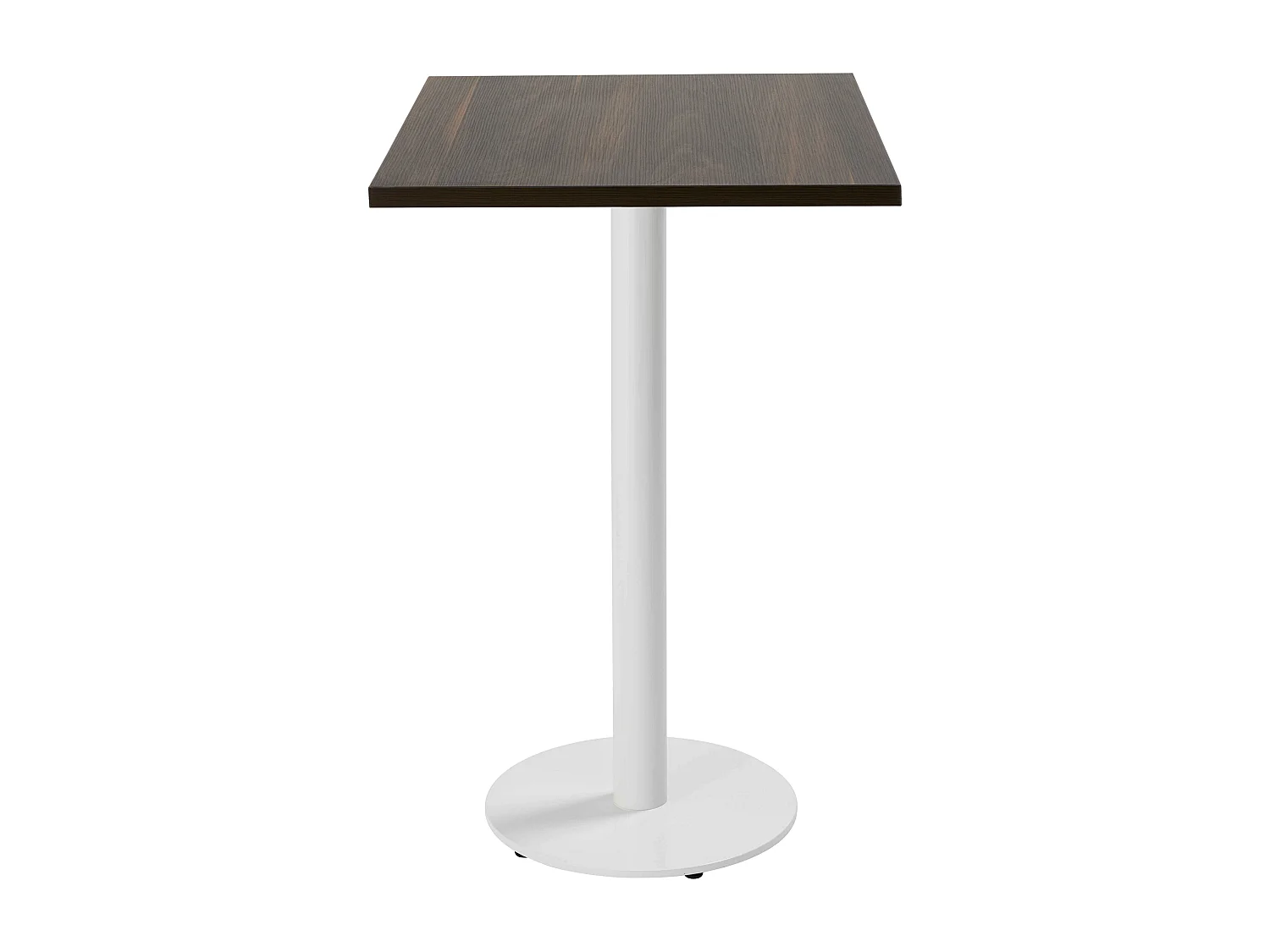 Vierkante hoge tafel met wit onderstel en donkerhouten bekleding