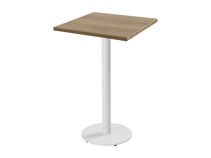 Vierkante hoge tafel met wit onderstel en licht houten bekleding