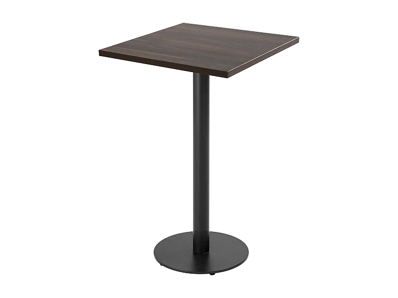 Table haute carrée 60 cm pied noir et revêtement bois foncé
