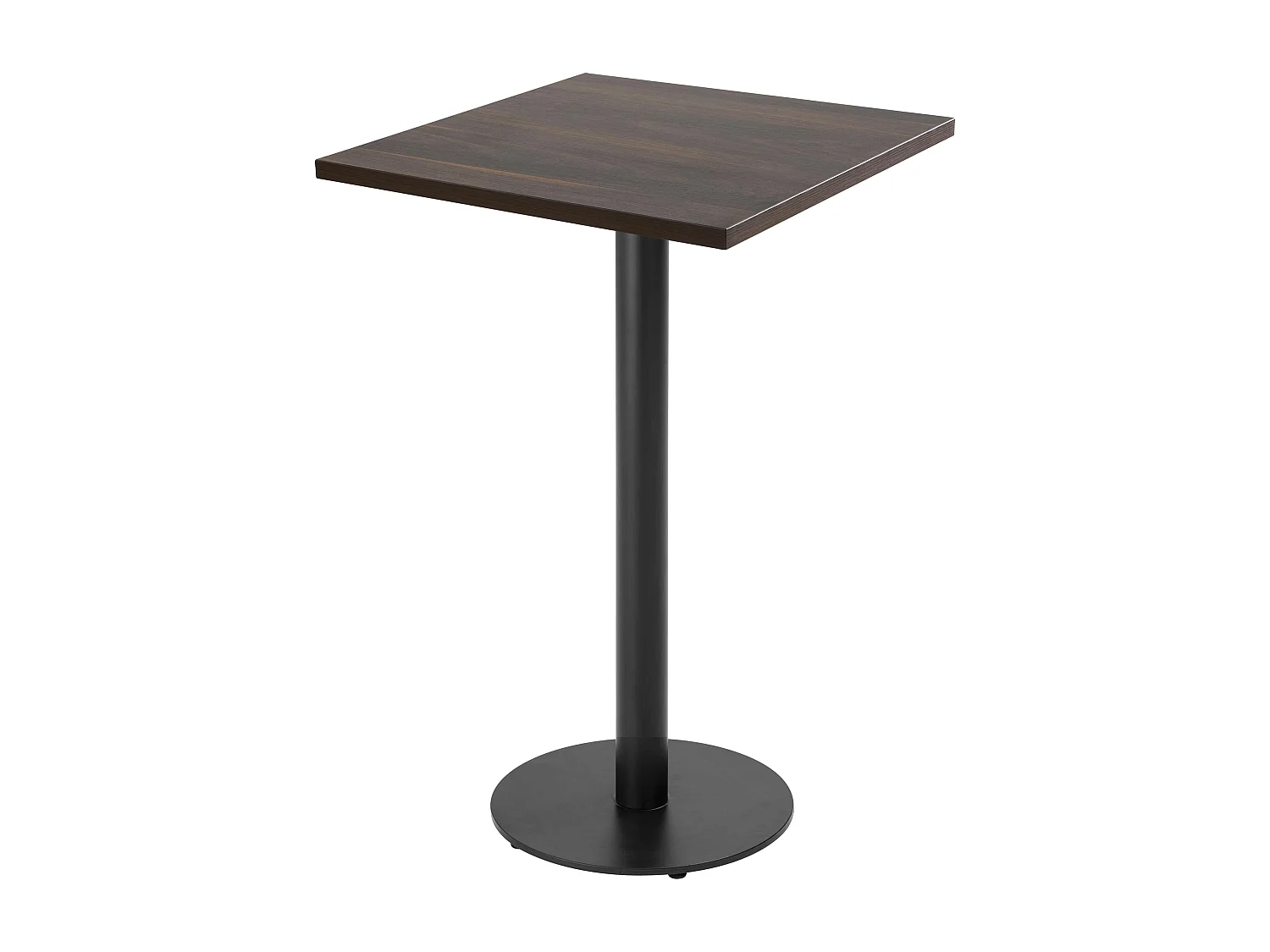 Table haute carrée 60 cm pied noir et revêtement bois foncé