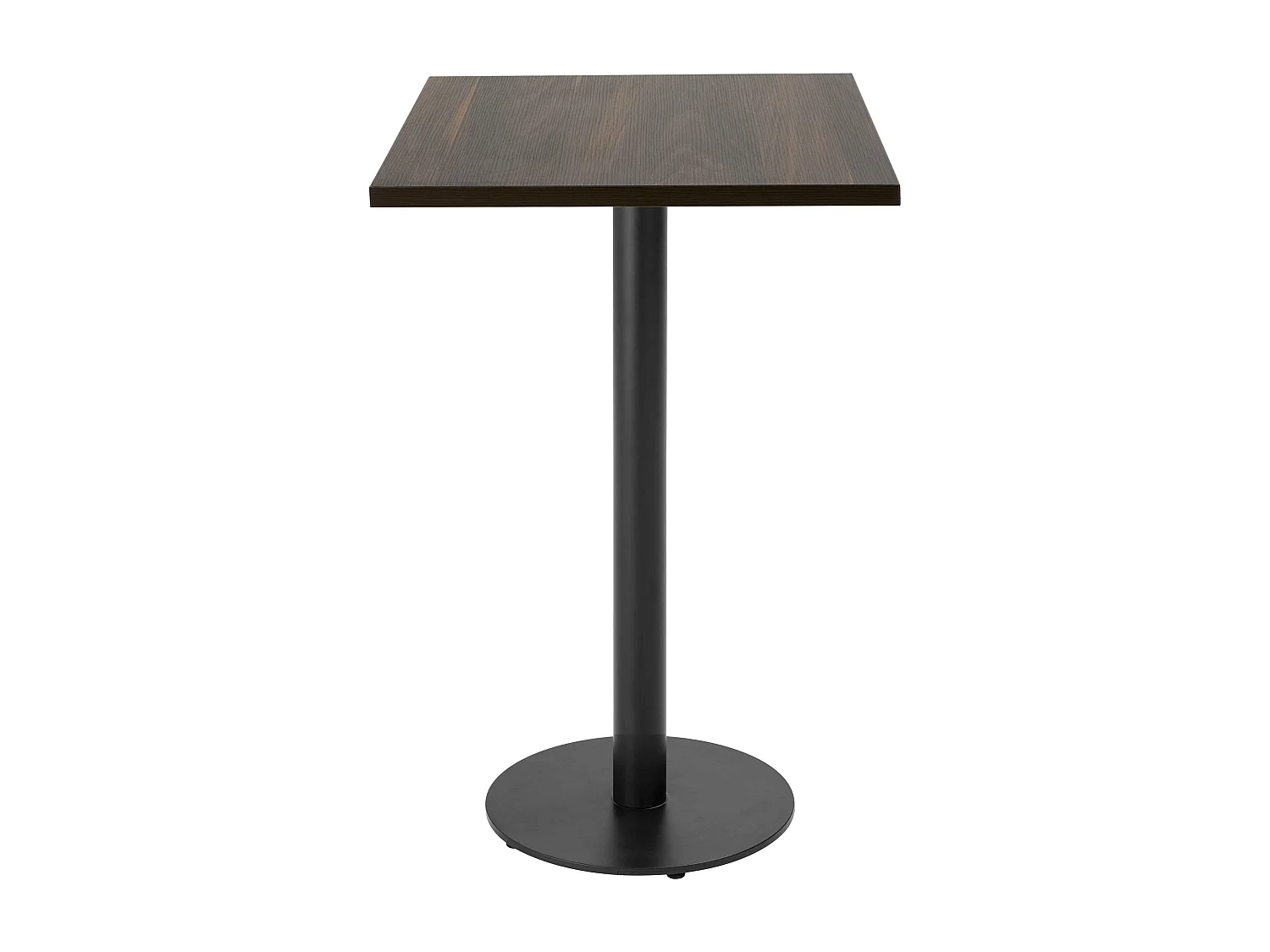 Table haute carrée 60 cm pied noir et revêtement bois foncé