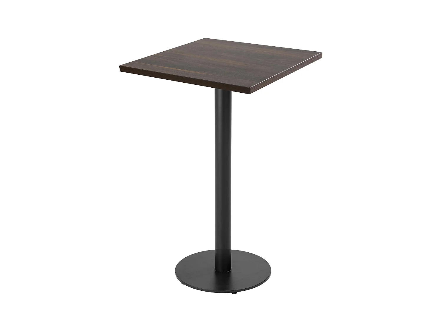 Table haute carrée 60 cm pied noir et revêtement bois foncé