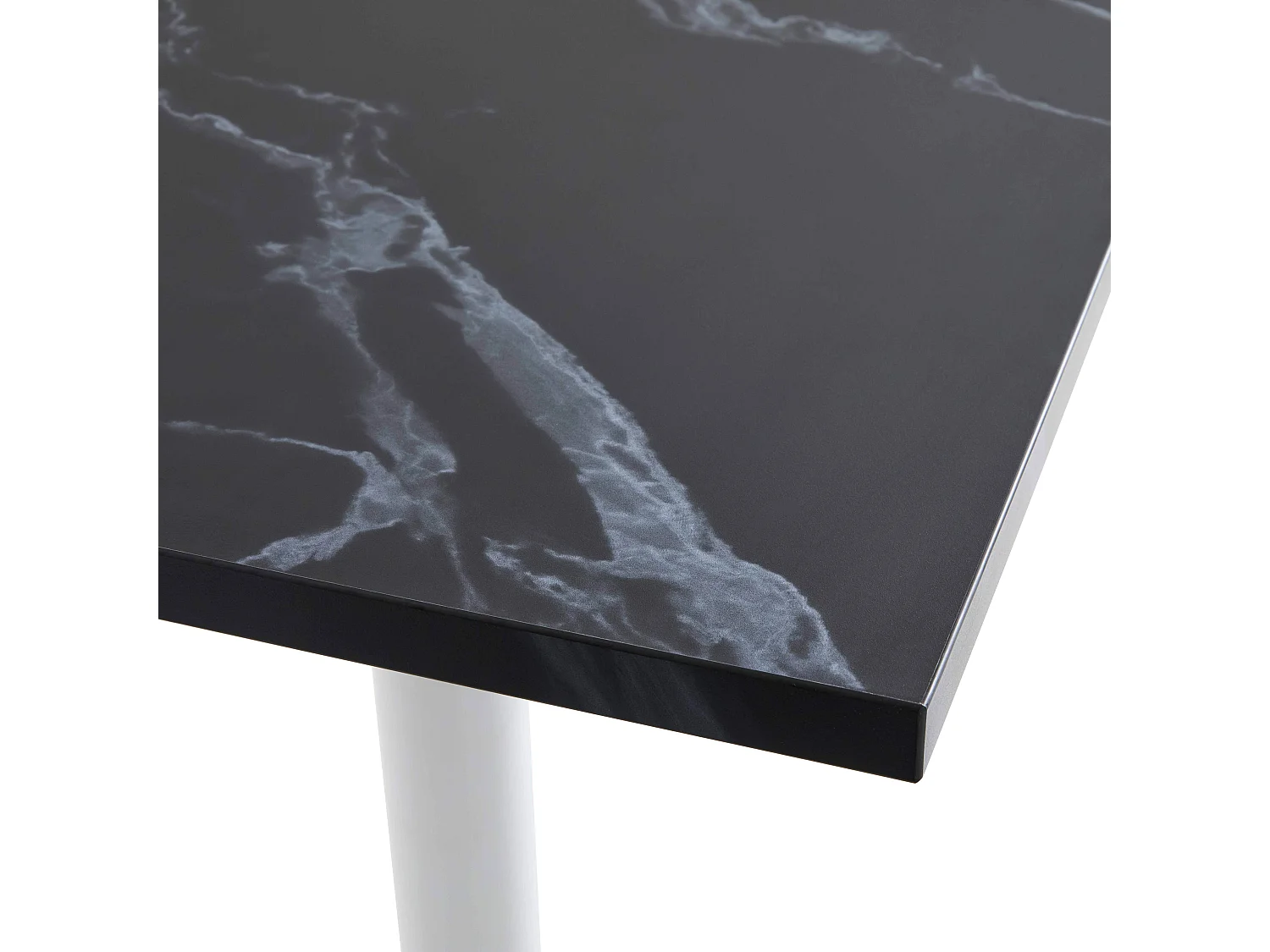 Table haute carrée 60 cm pied blanc et revêtement marbre noir