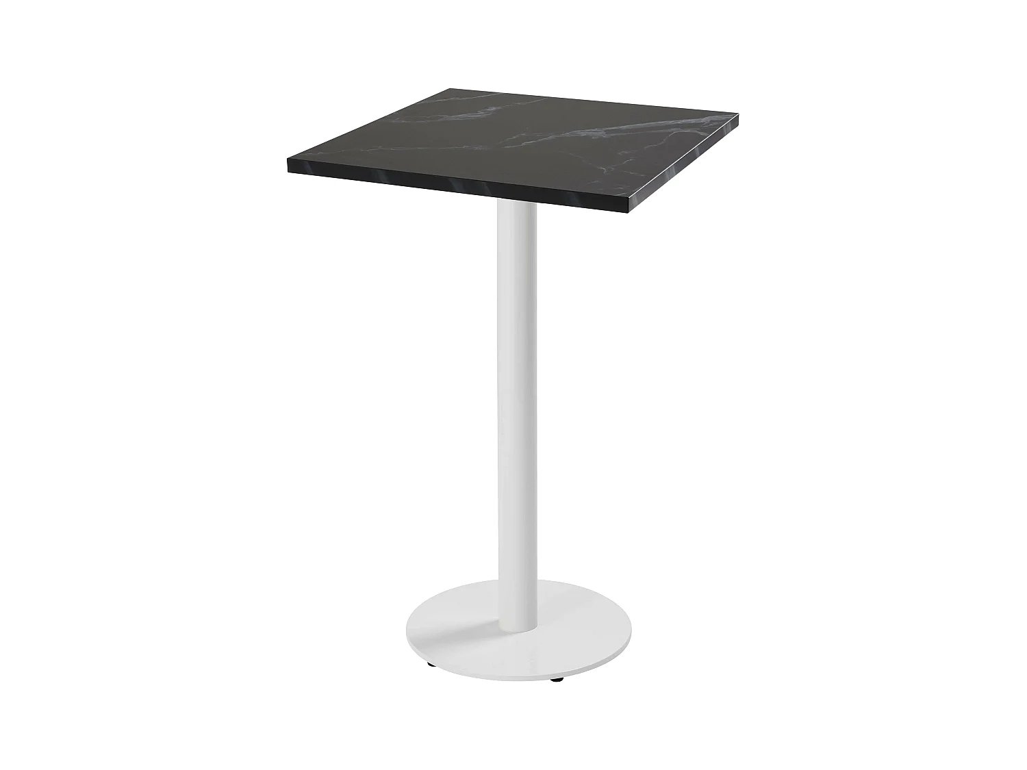 Table haute carrée 60 cm pied blanc et revêtement marbre noir