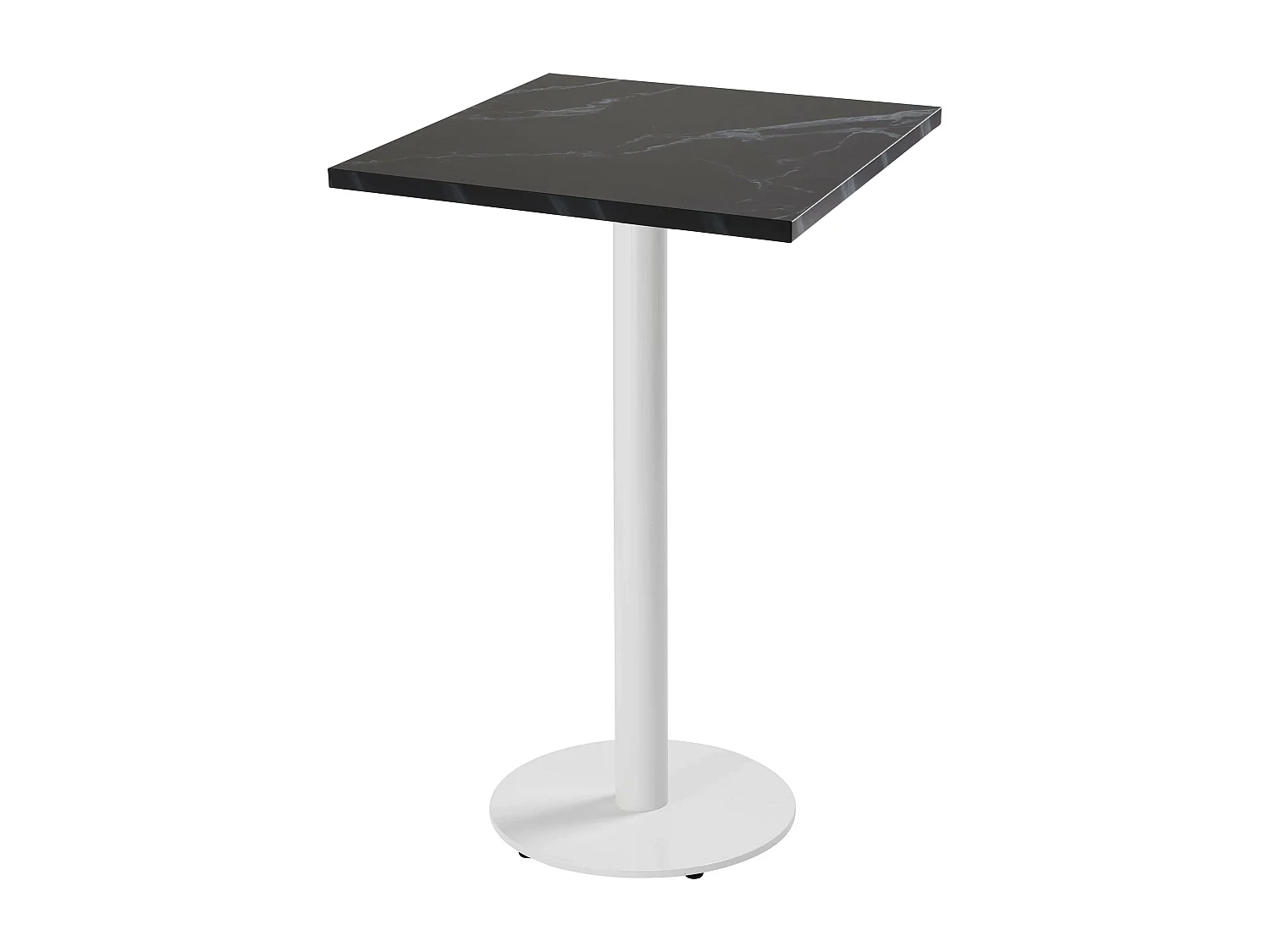 Table haute carrée 60 cm pied blanc et revêtement marbre noir
