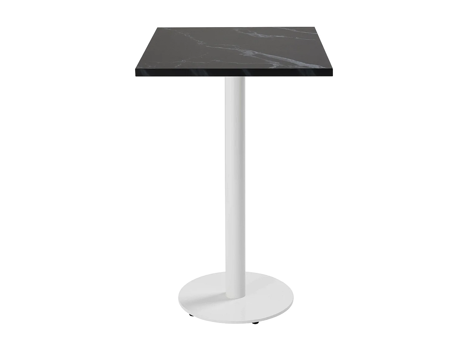 Table haute carrée 60 cm pied blanc et revêtement marbre noir