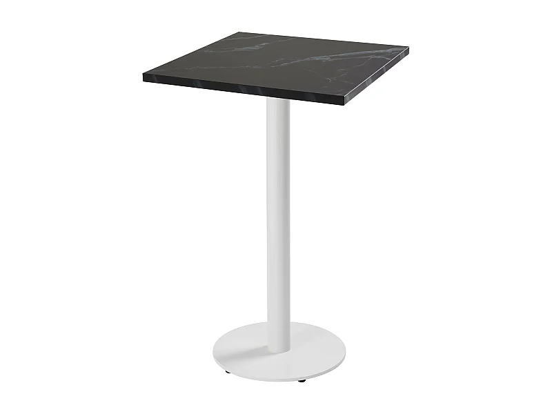 Table haute carrée 60 cm pied blanc et revêtement marbre noir