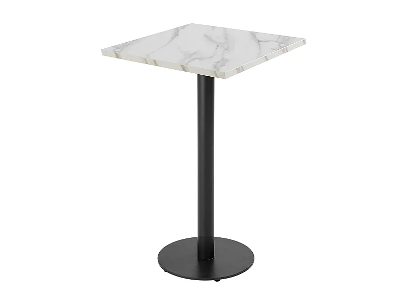 Table haute carrée 60 cm pied noir et revêtement marbre blanc
