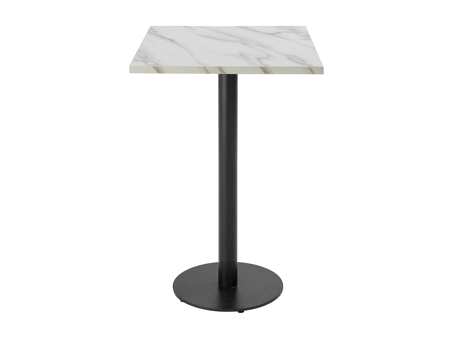 Table haute carrée 60 cm pied noir et revêtement marbre blanc