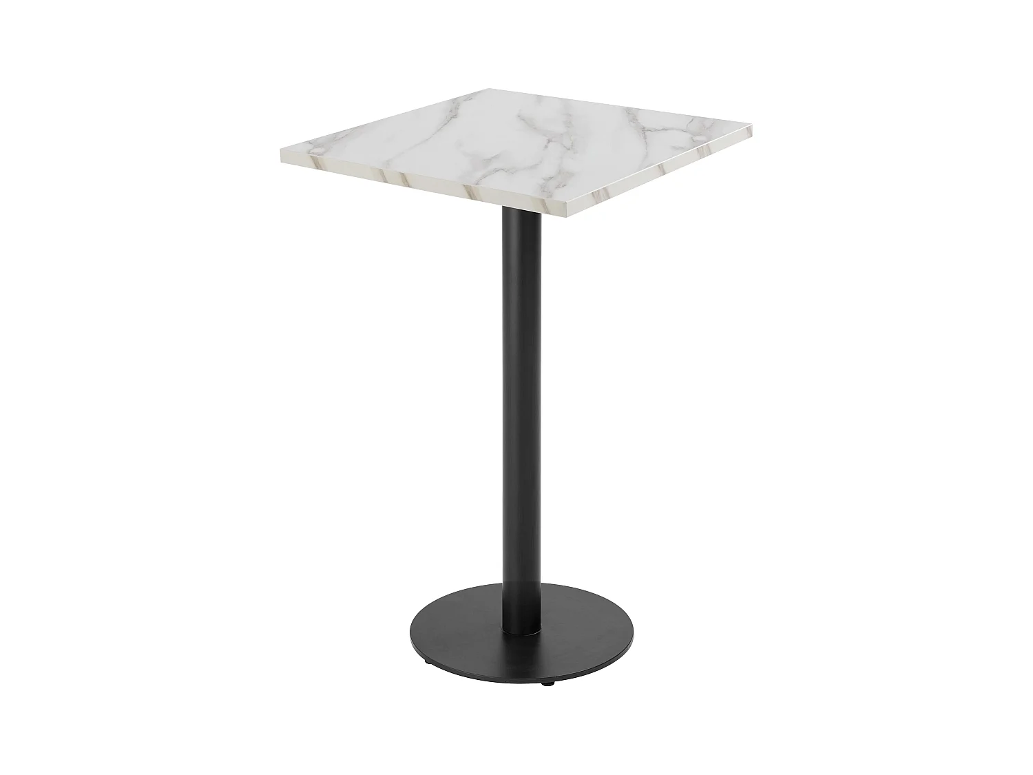 Table haute carrée 60 cm pied noir et revêtement marbre blanc