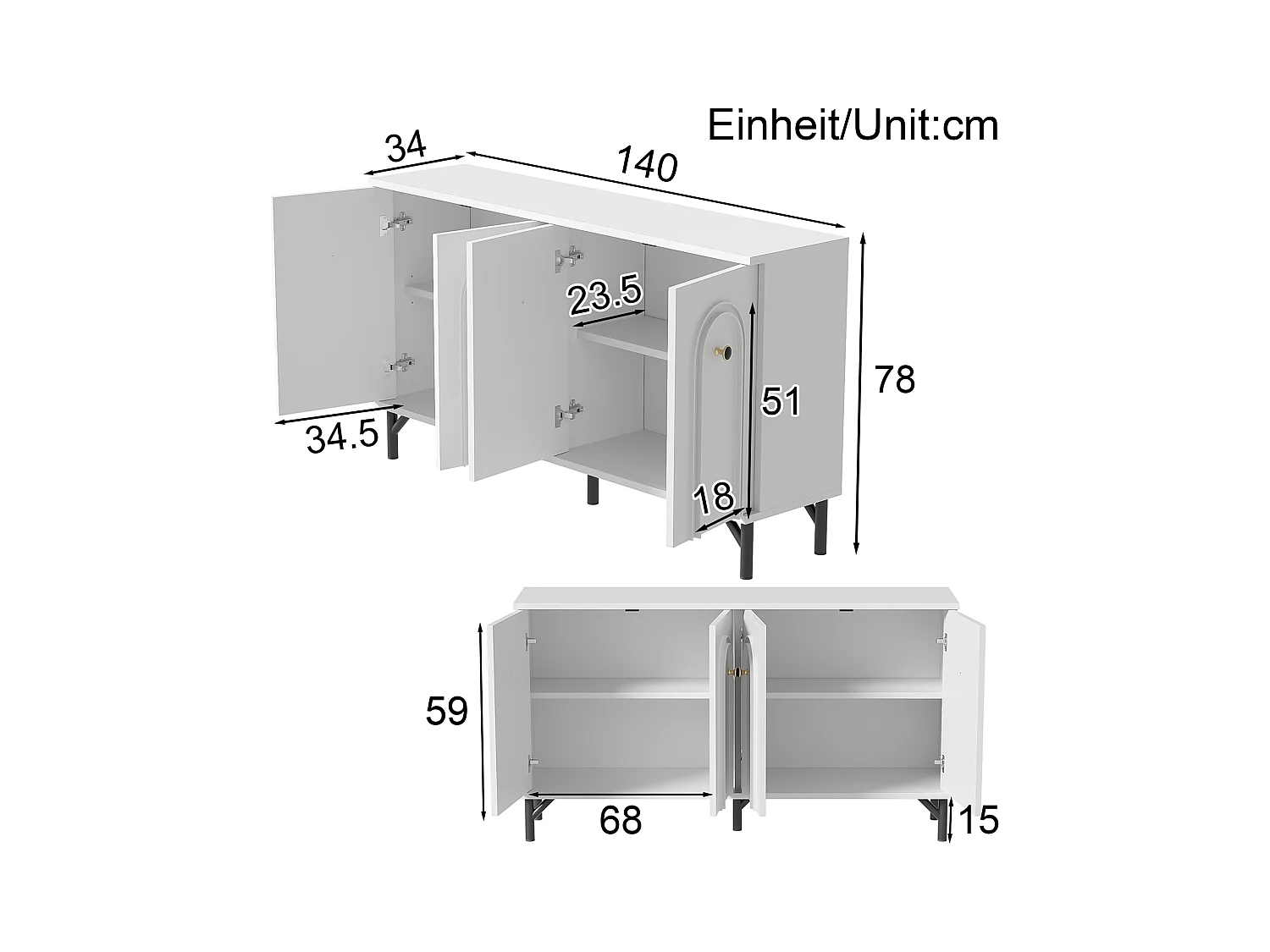 Buffet moderne 140x34x78cm - avec 4 portes - étagères réglables - blanc