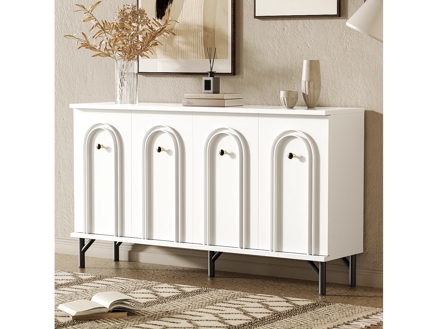 Buffet moderne 140x34x78cm - avec 4 portes - étagères réglables - blanc
