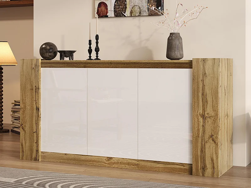 Buffet 150x40x70.5 cm - 3 Türen - Griffleisten-Design - höhenverstellbare Regale - weiß + natur