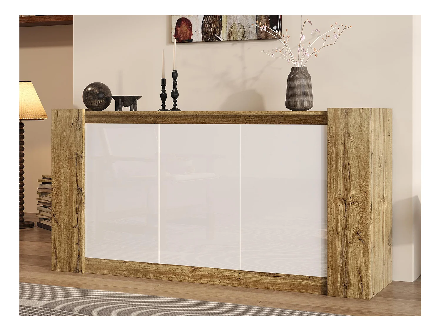 Buffet 150x40x70.5 cm - 3 ante - design senza maniglie - ripiani regolabili - bianco + naturale