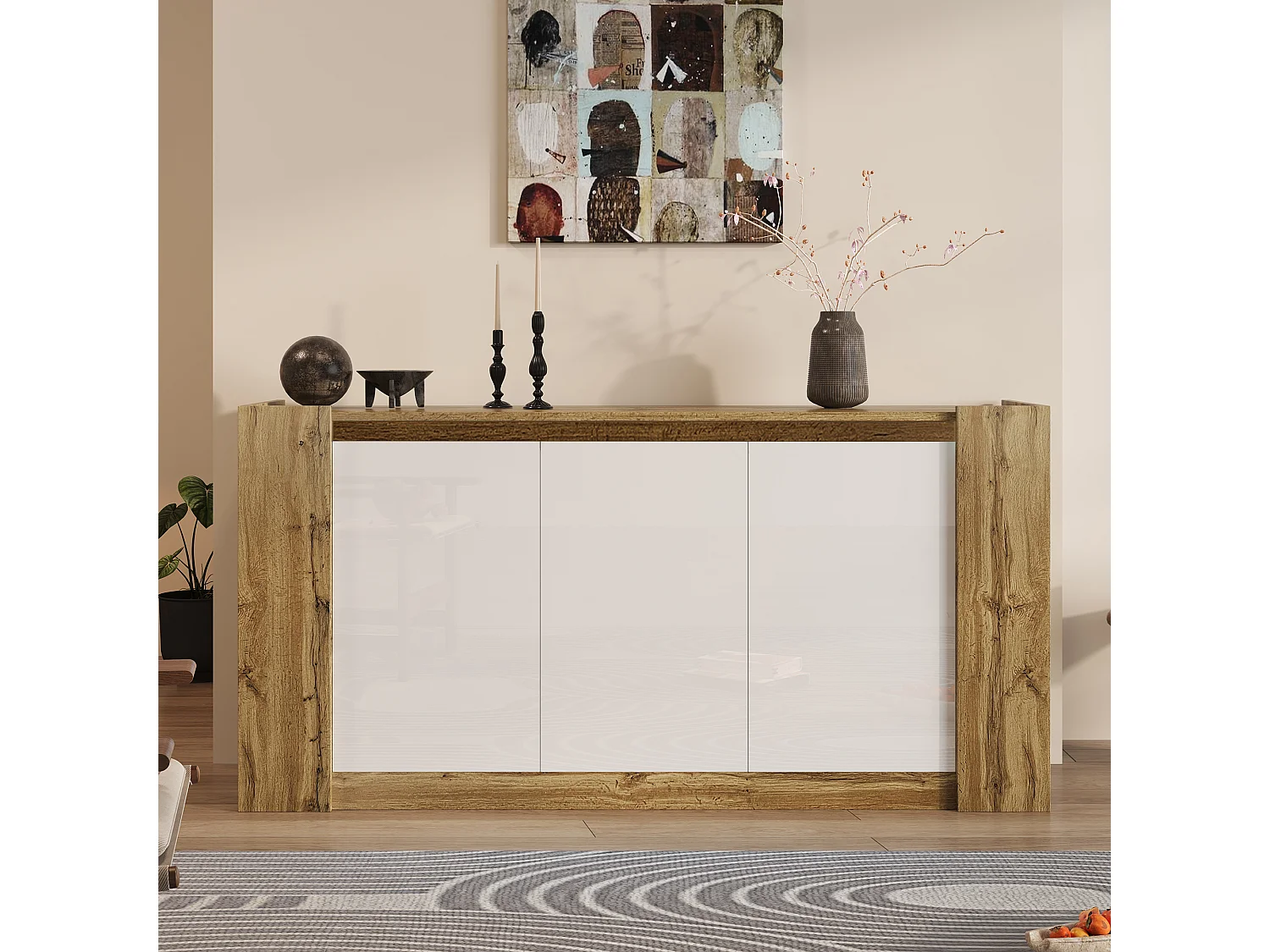 Buffet 150x40x70.5cm - 3 portes - design sans poignées - étagères réglables - blanc + naturel