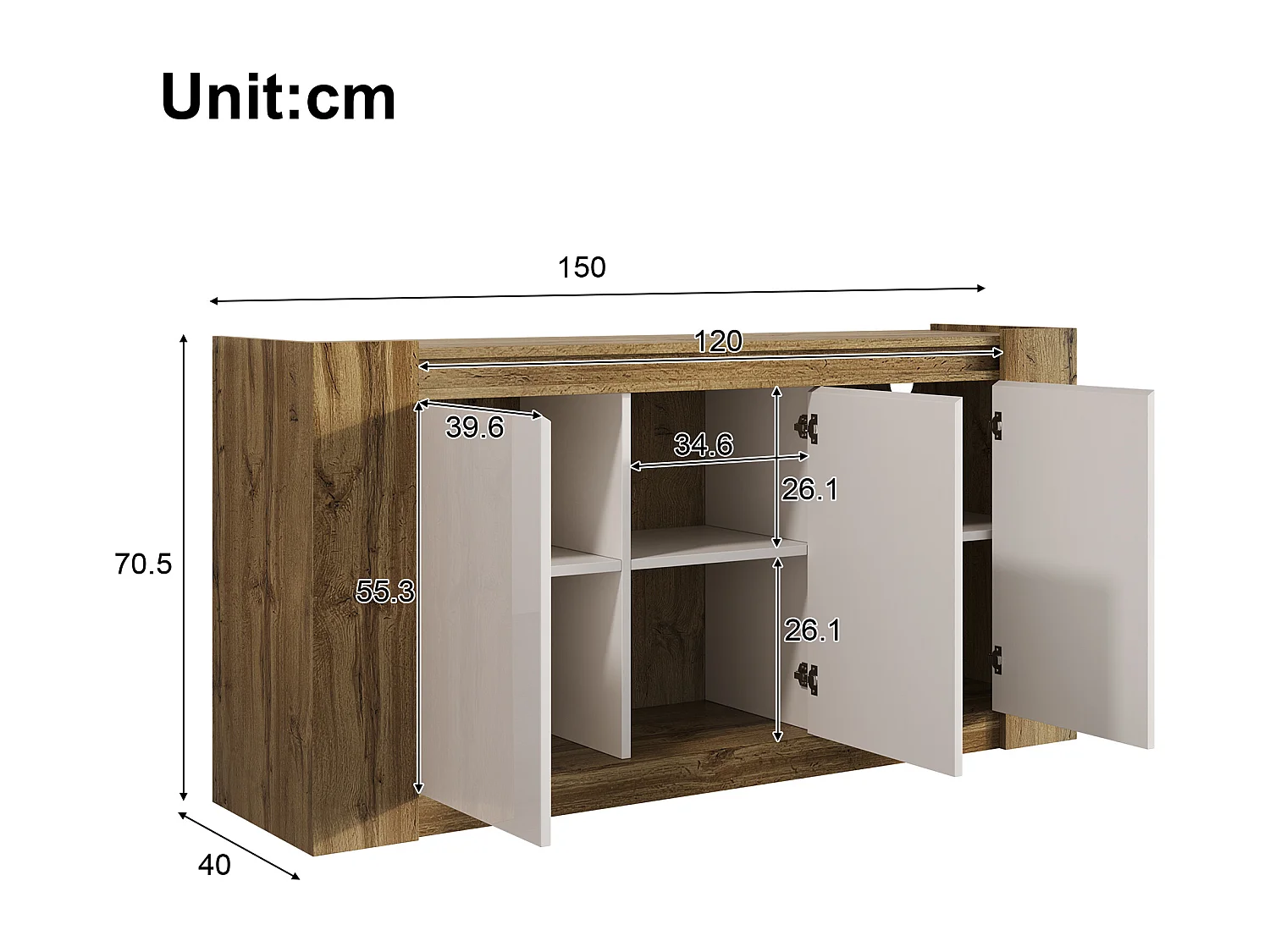Buffet 150x40x70.5cm - 3 portes - design sans poignées - étagères réglables - blanc + naturel