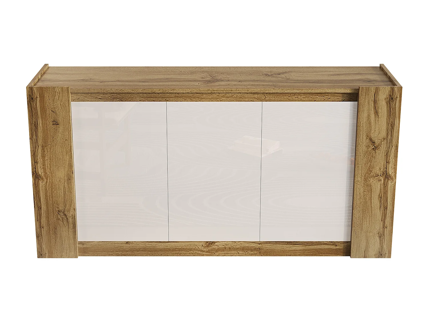 Buffet 150x40x70.5cm - 3 portes - design sans poignées - étagères réglables - blanc + naturel