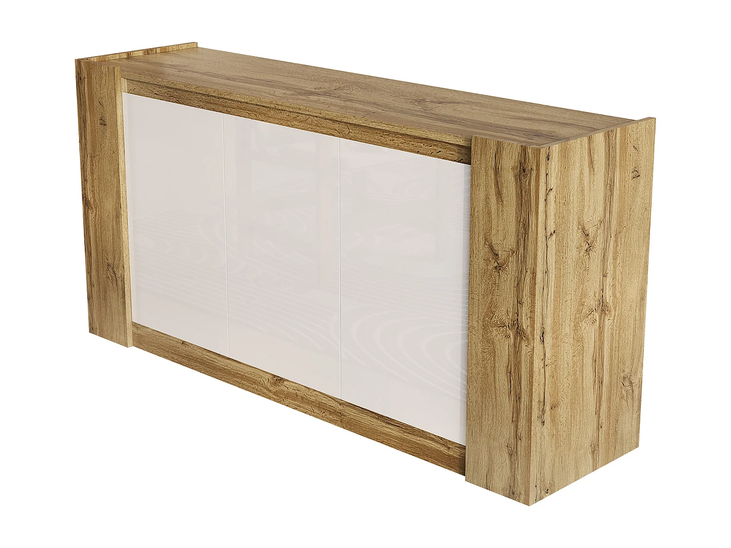 Buffet 150x40x70.5cm - 3 portes - design sans poignées - étagères réglables - blanc + naturel