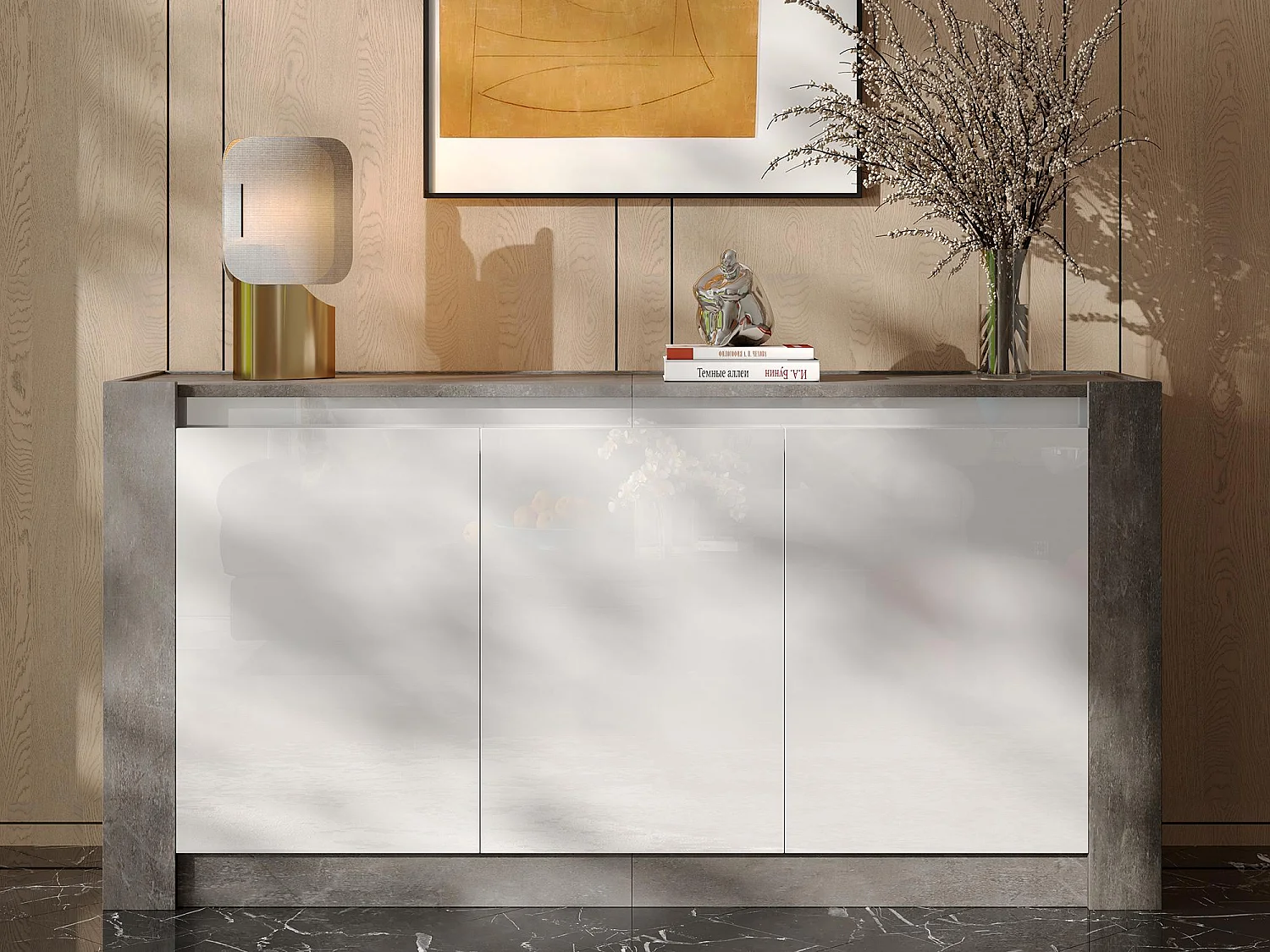 Buffet 150x40x75 cm - 3 portes - sans poignées - avec étagères réglables - blanc + gris