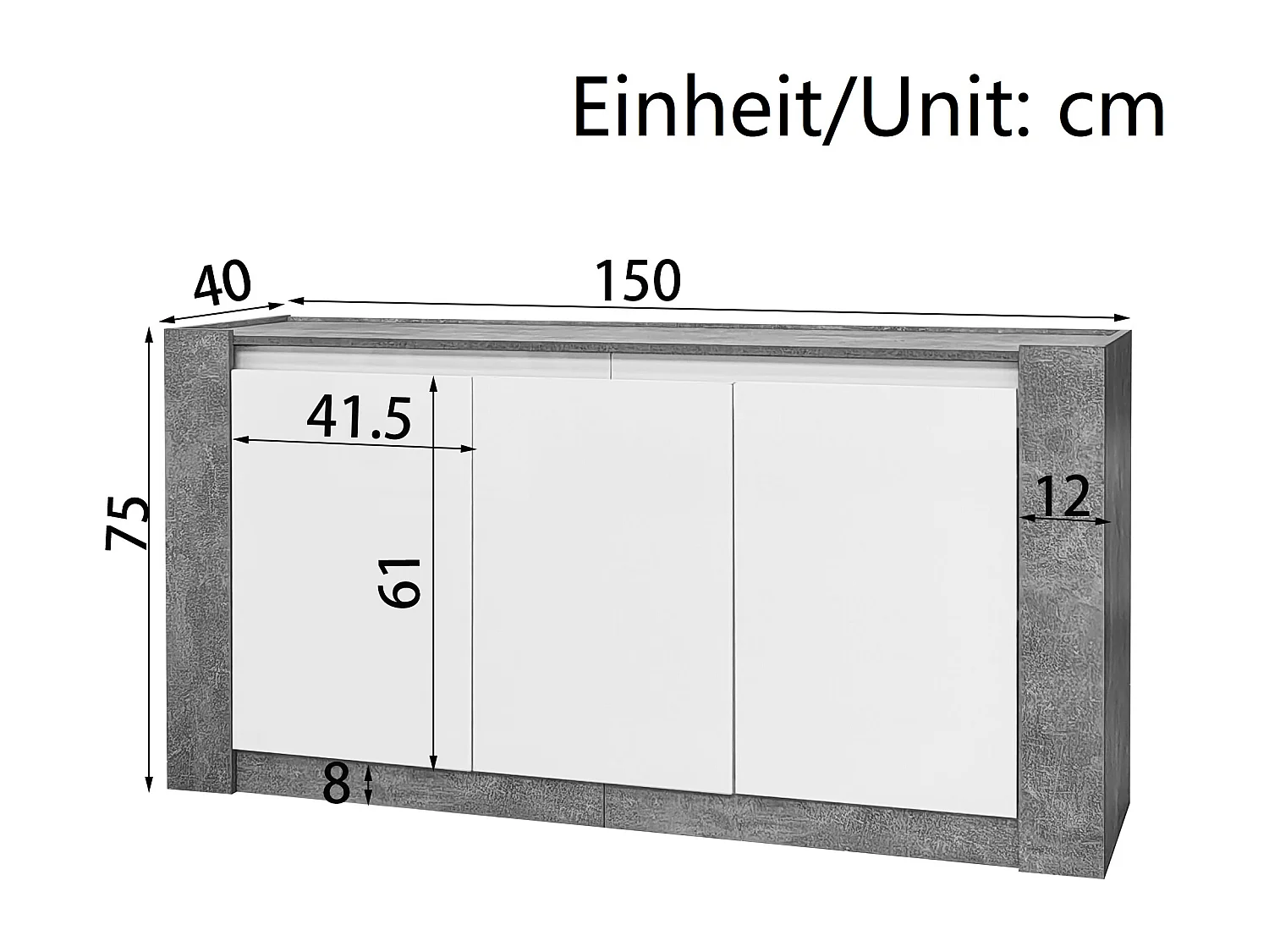 Buffet 150x40x75 cm - 3 portes - sans poignées - avec étagères réglables - blanc + gris