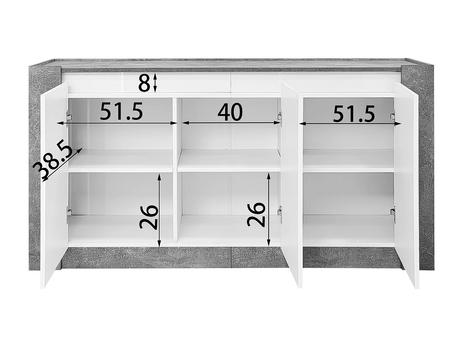 Buffet 150x40x75 cm - 3 portes - sans poignées - avec étagères réglables - blanc + gris
