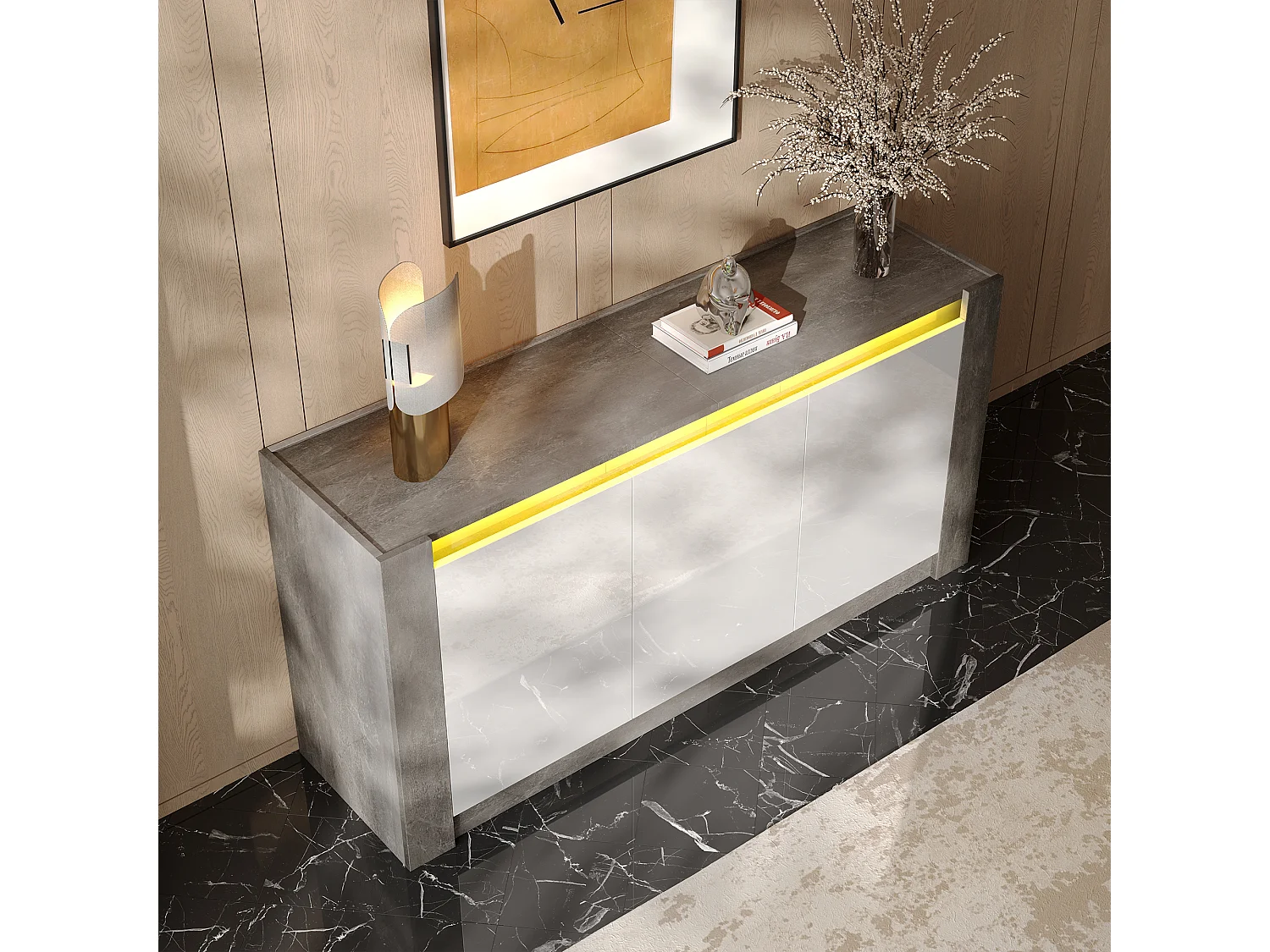 Buffet 150x40x75 cm - 3 portes - sans poignées - avec étagères réglables - blanc + gris