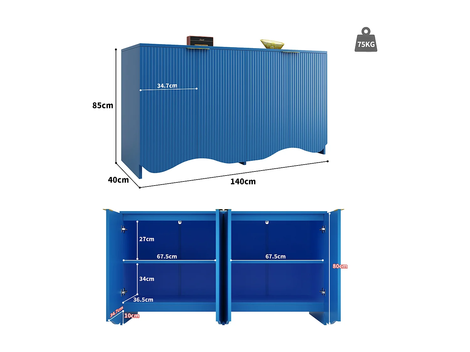 Buffet moderne - 4 portes, rayures verticales - MDF - Bleu