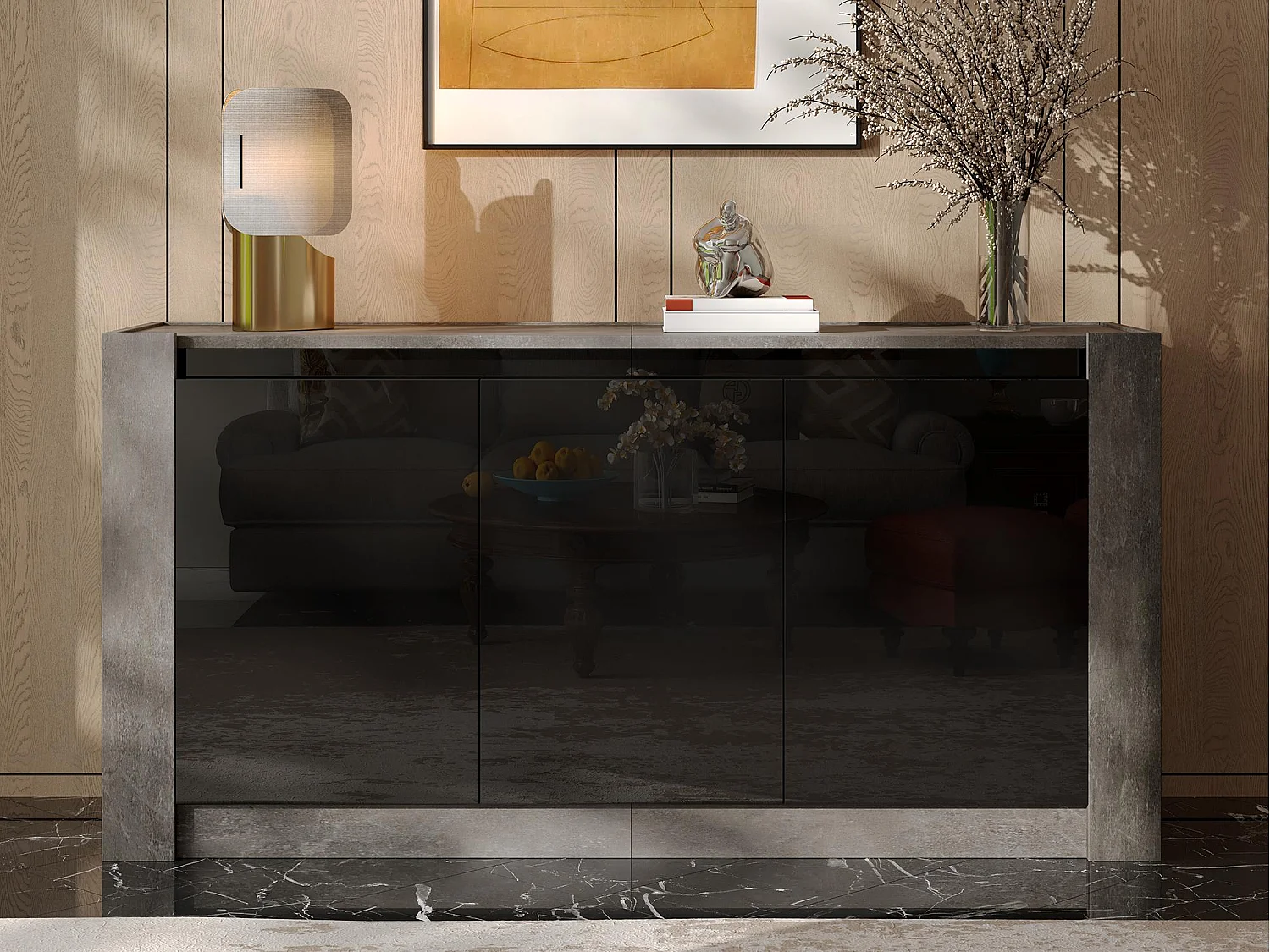 Buffet 150x40x75 cm - 3 portas - sem puxadores - com prateleiras ajustáveis - preto + cinza