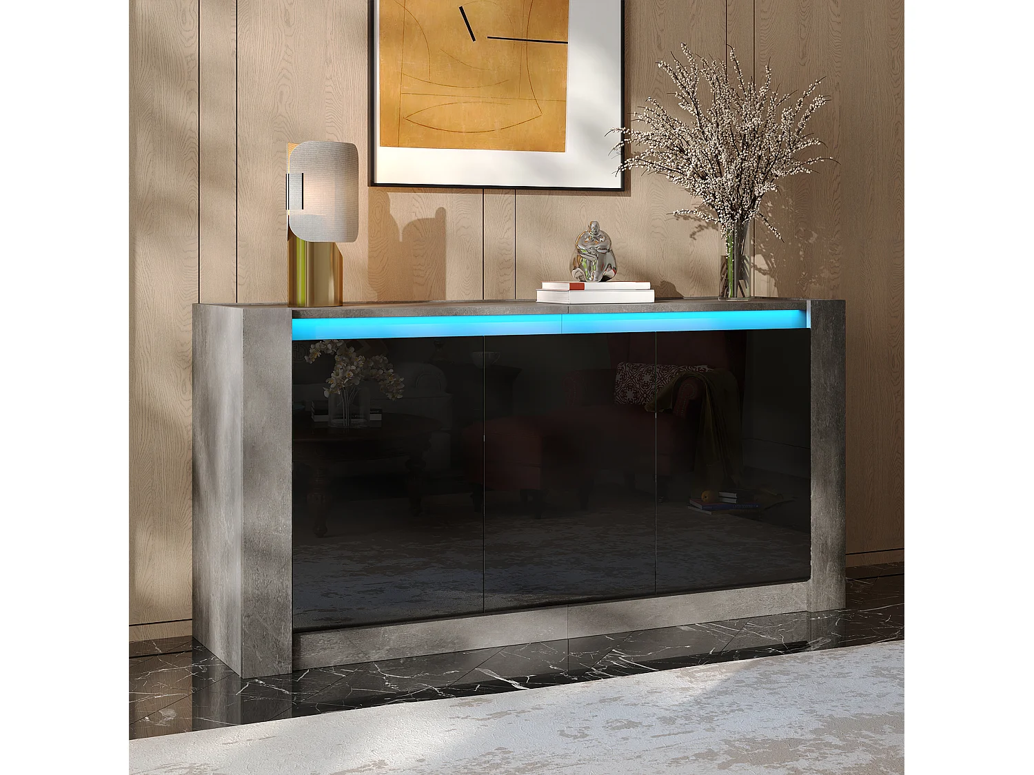 Buffet 150x40x75 cm - 3 portas - sem puxadores - com prateleiras ajustáveis - preto + cinza