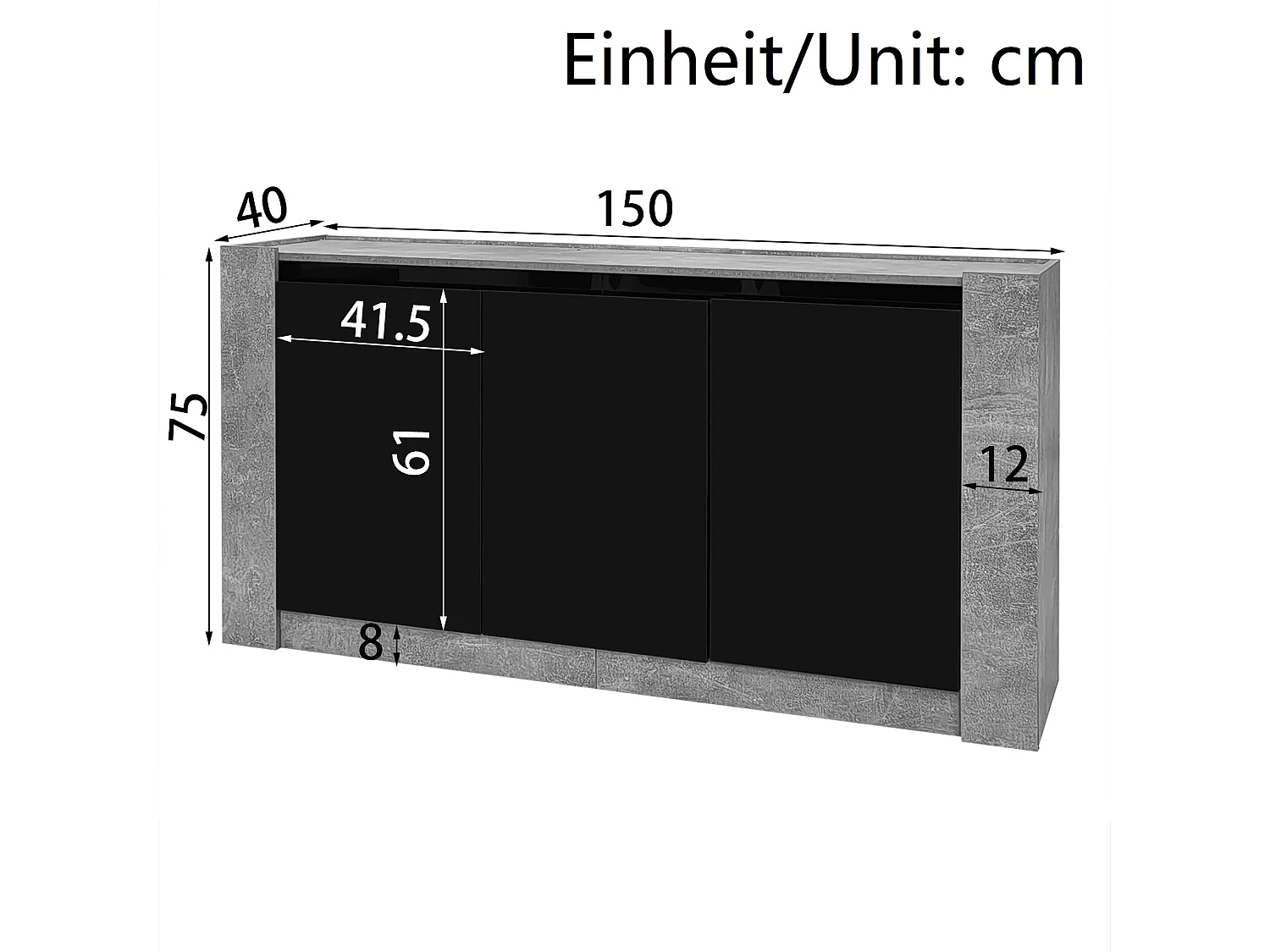 Buffet 150x40x75 cm - 3 portas - sem puxadores - com prateleiras ajustáveis - preto + cinza