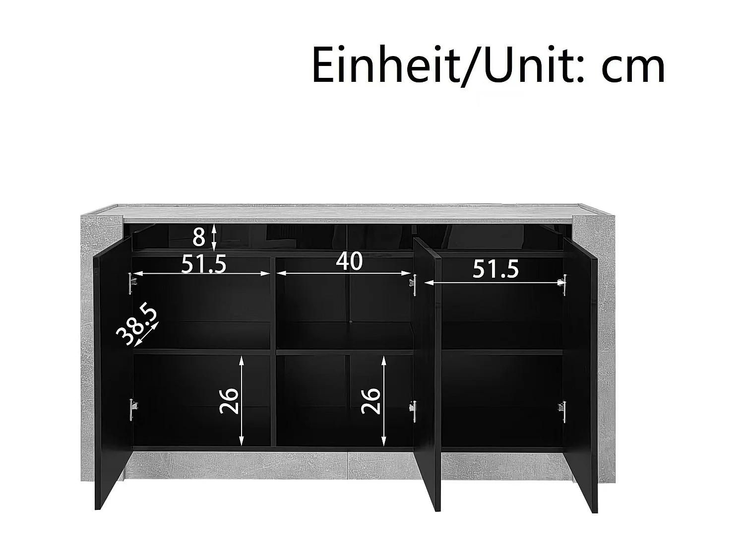 Buffet 150x40x75 cm - 3 portas - sem puxadores - com prateleiras ajustáveis - preto + cinza
