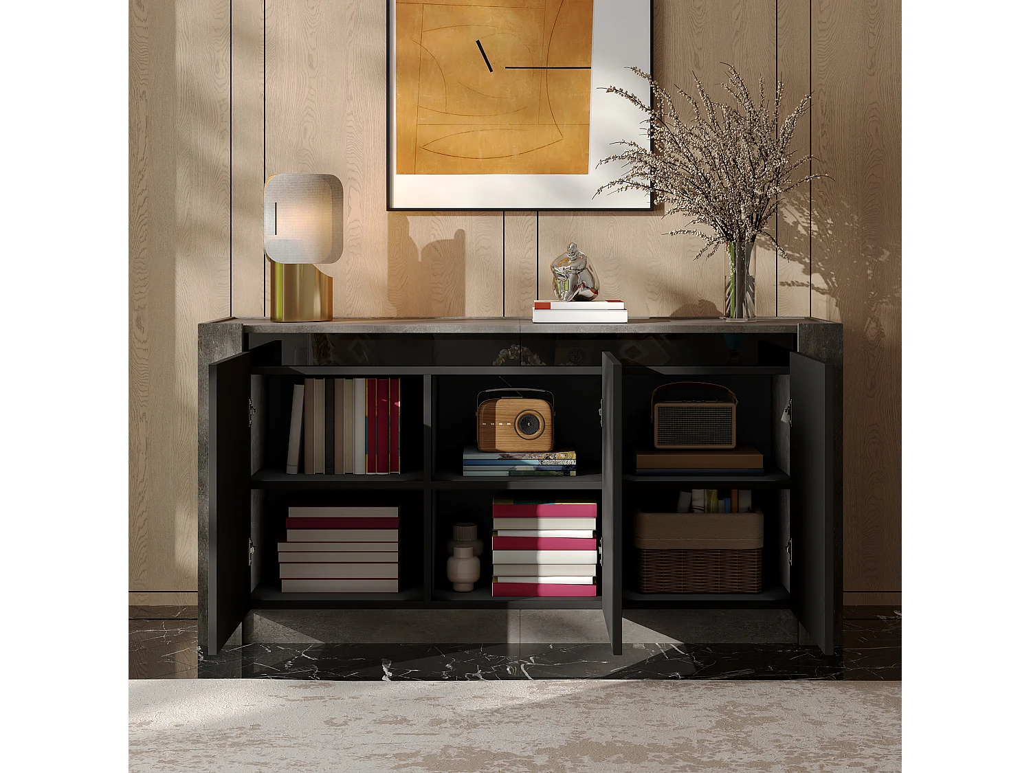 Buffet 150x40x75 cm - 3 portas - sem puxadores - com prateleiras ajustáveis - preto + cinza