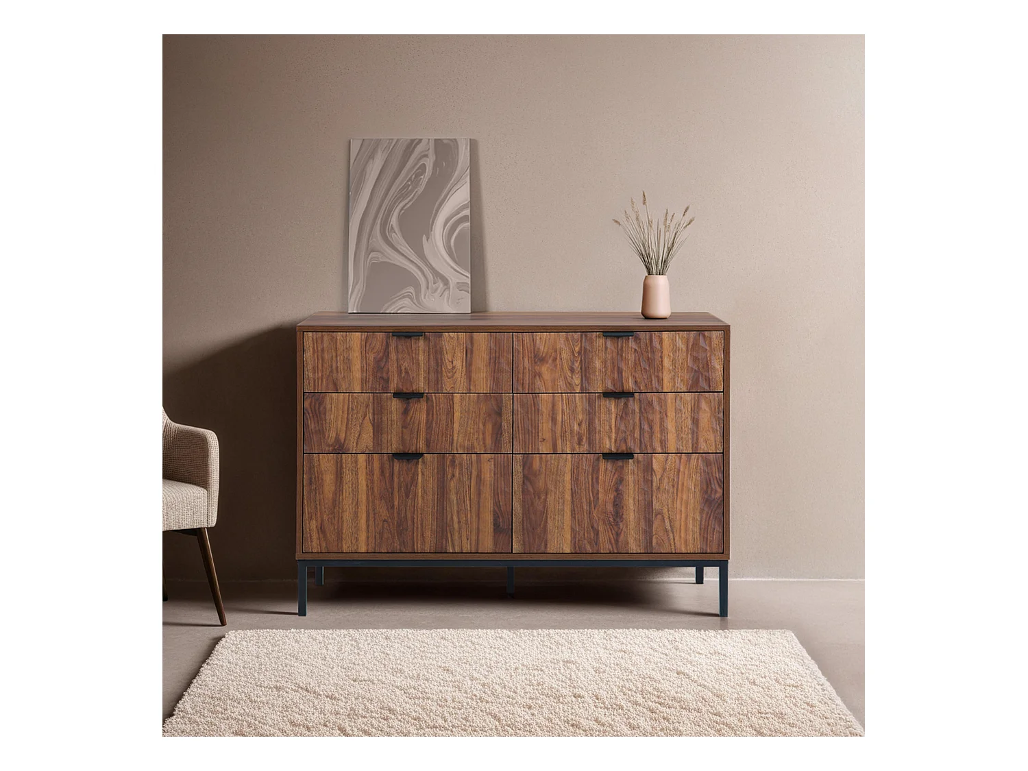 Commode à 6 tiroirs en MDF décor mélaminé bois foncé