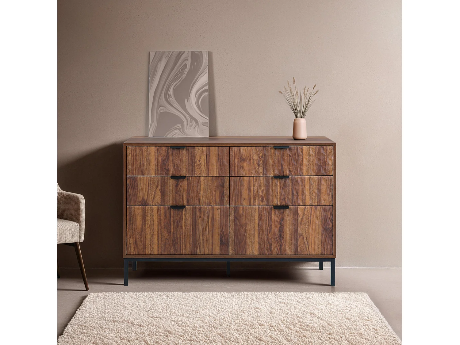 6-laden ladekast van MDF met donkerhouten melamine decor