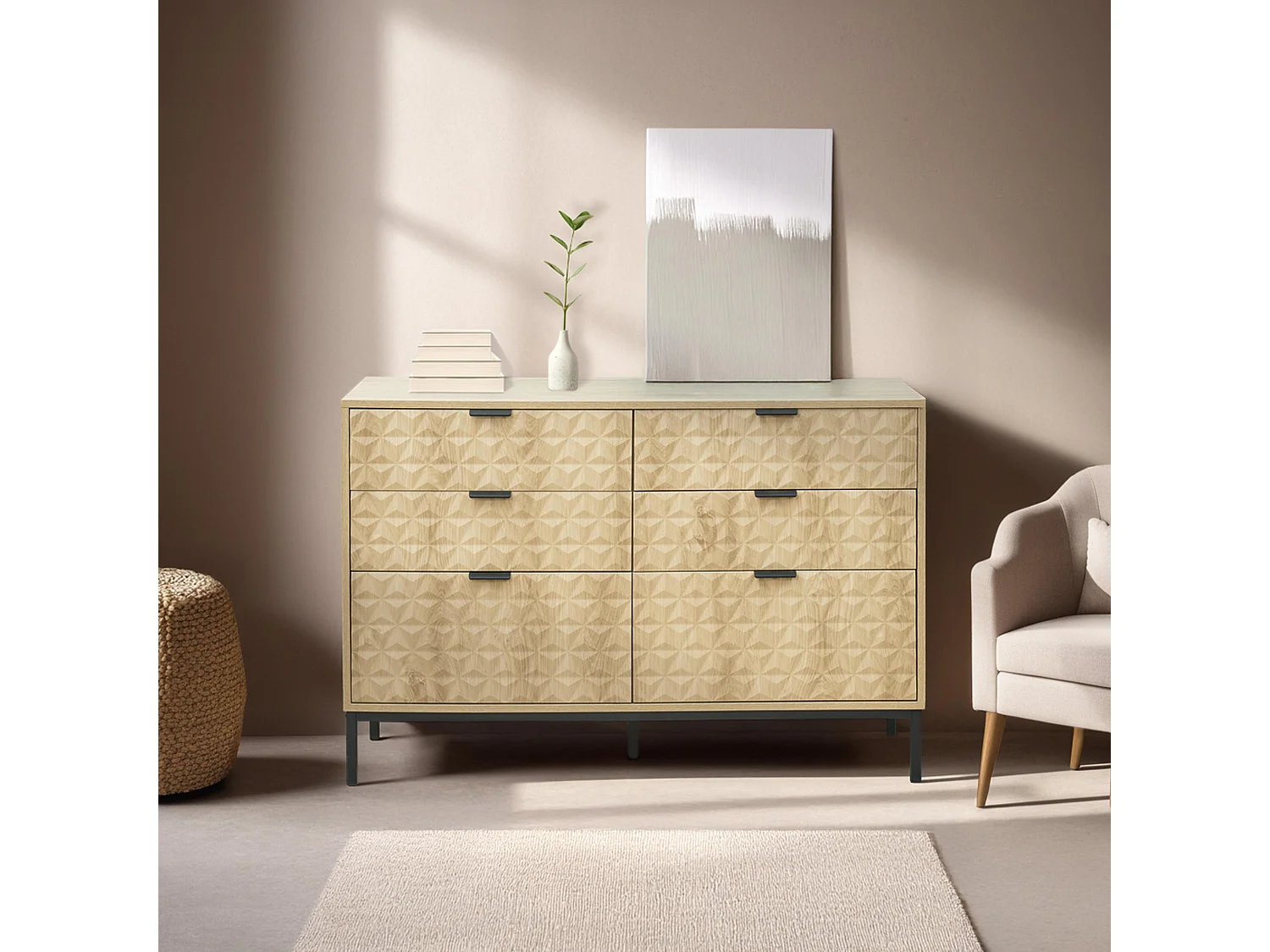 6-laden ladekast van MDF met licht houtmelamine decor