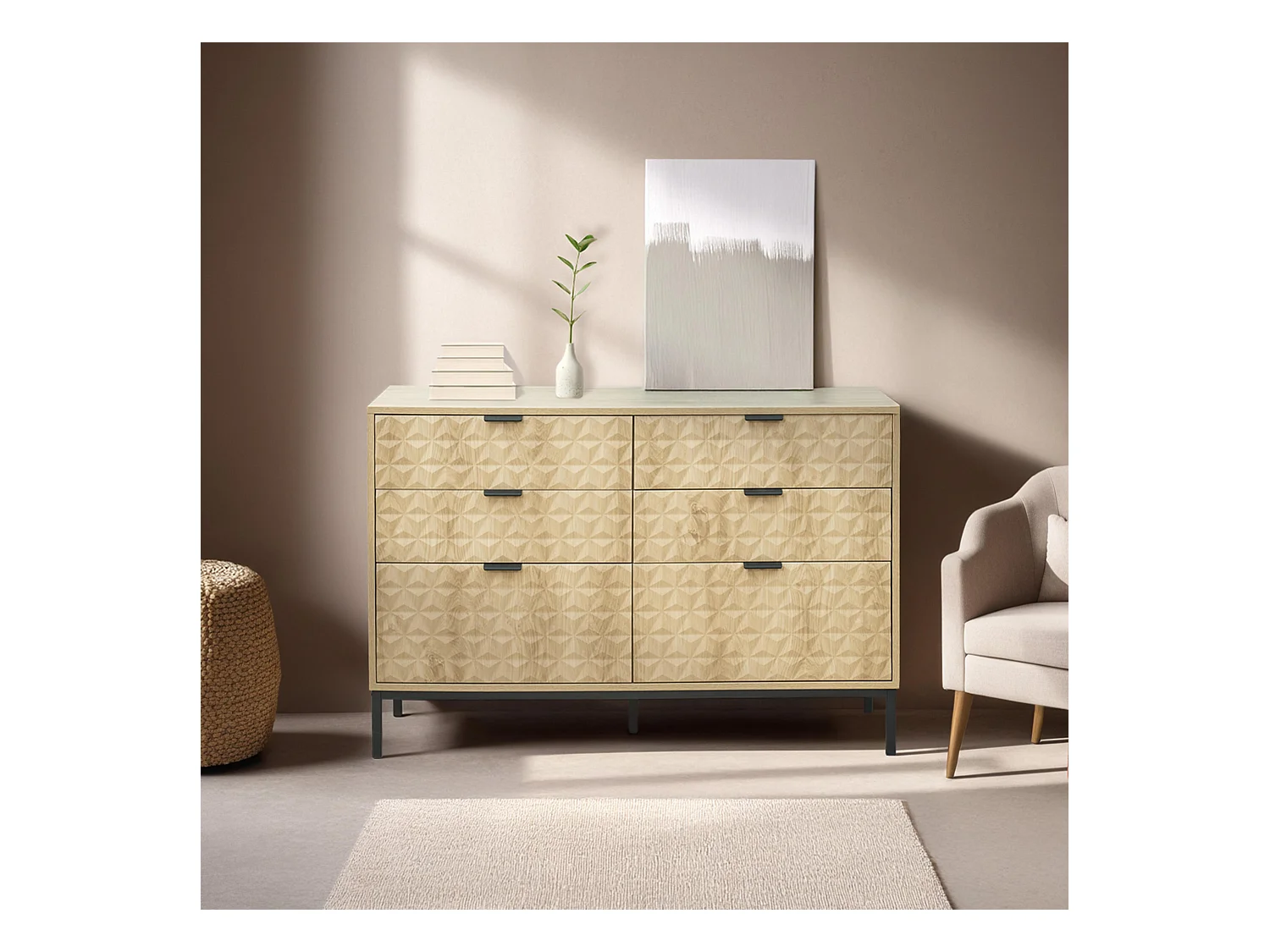 Commode à 6 tiroirs en MDF décor mélaminé bois clair