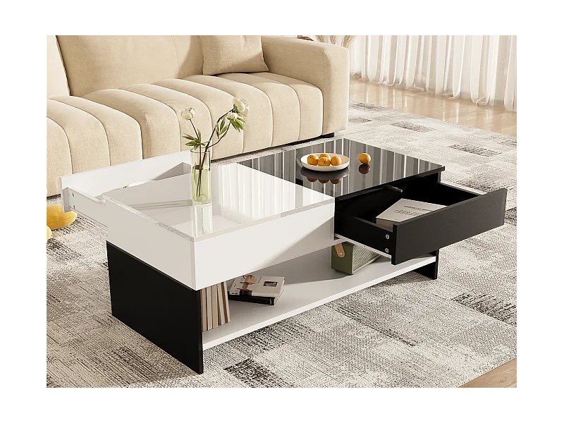 Mesa de centro moderna 100x48x40 cm - com 2 gavetas - Tampos brilhantes - Painel de partículas - Preto + branco