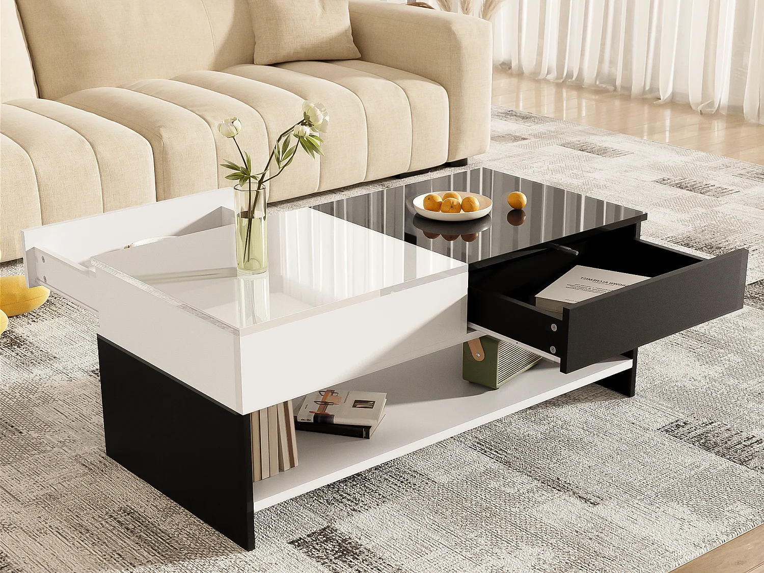 Mesa de centro moderna 100x48x40 cm - con 2 cajones - Tablero brillante - Panel de partículas - Negro + blanco