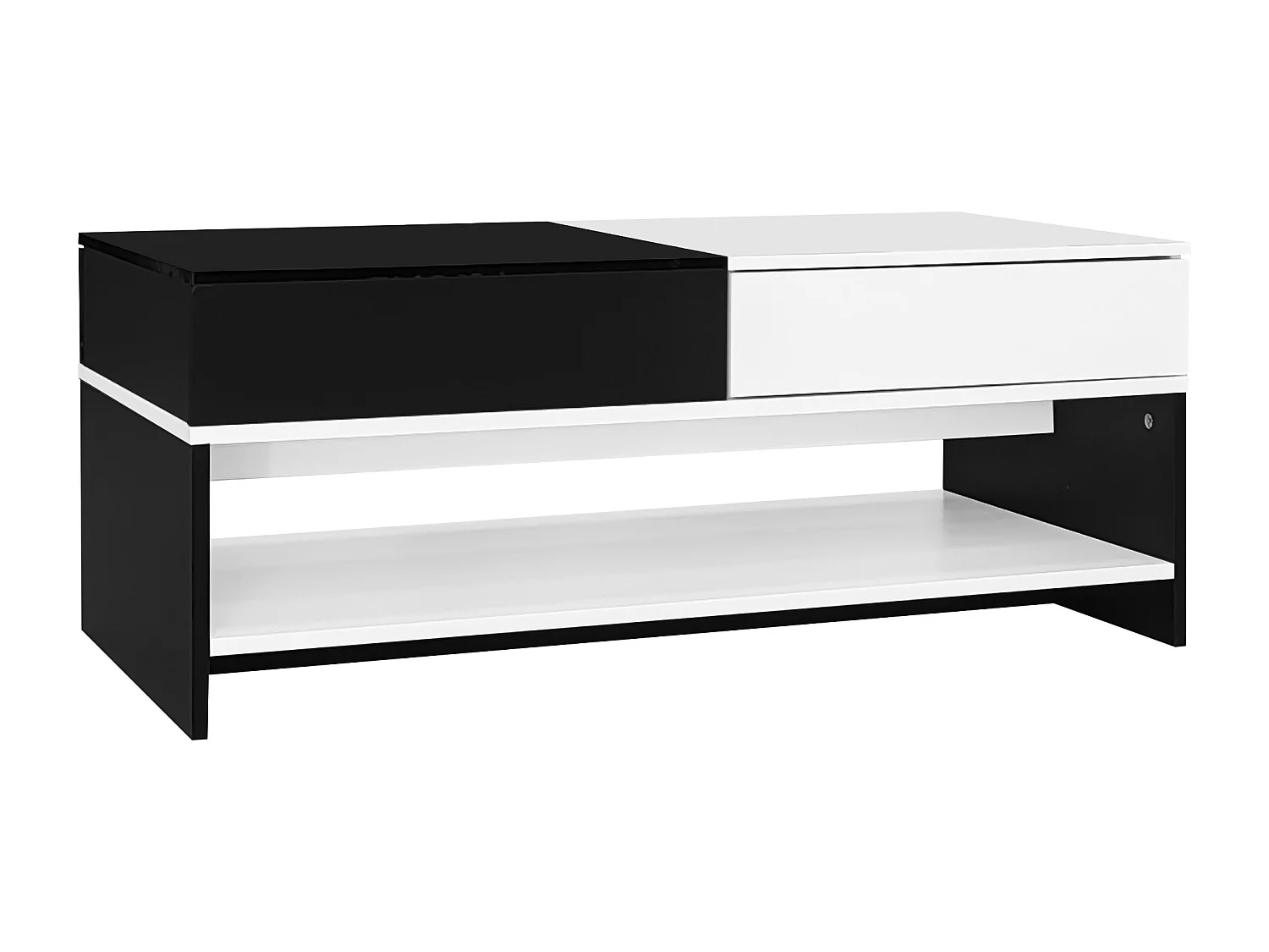 Mesa de centro moderna 100x48x40 cm - con 2 cajones - Tablero brillante - Panel de partículas - Negro + blanco