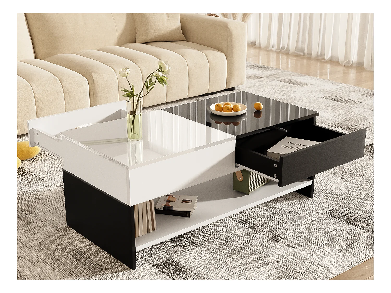 Table basse moderne 100x48x40cm - avec 2 tiroirs - Plateau brillant - Panneau de particules - Noir + blanc