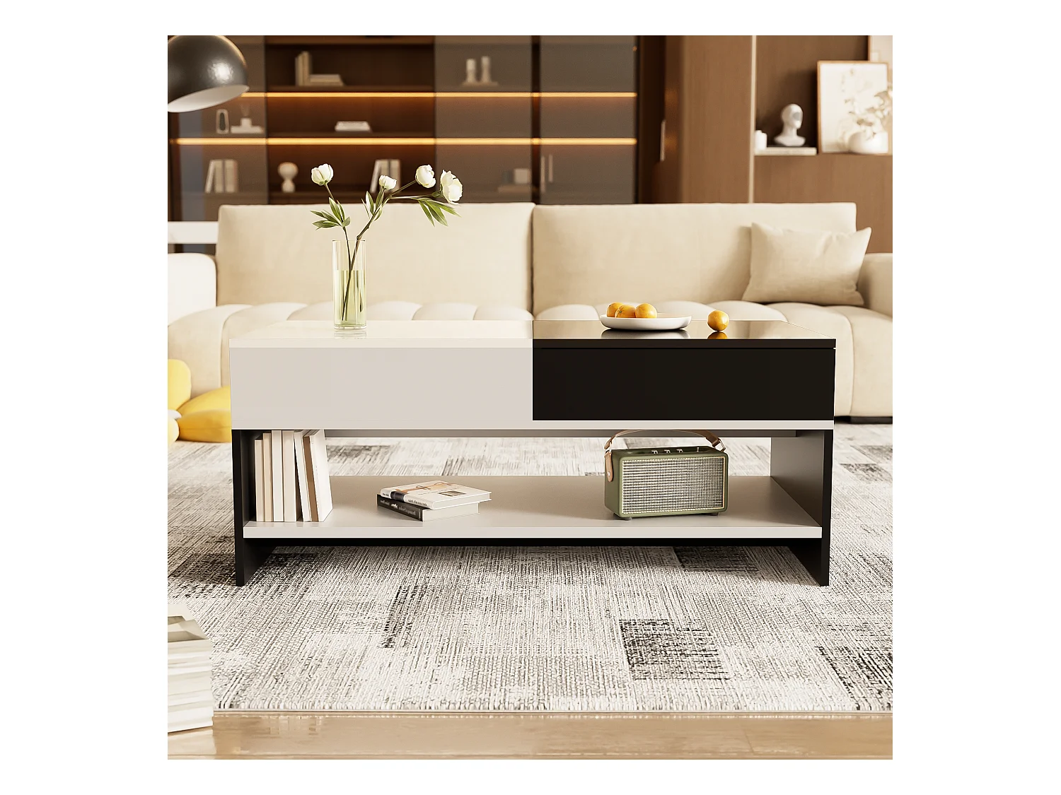 Table basse moderne 100x48x40cm - avec 2 tiroirs - Plateau brillant - Panneau de particules - Noir + blanc