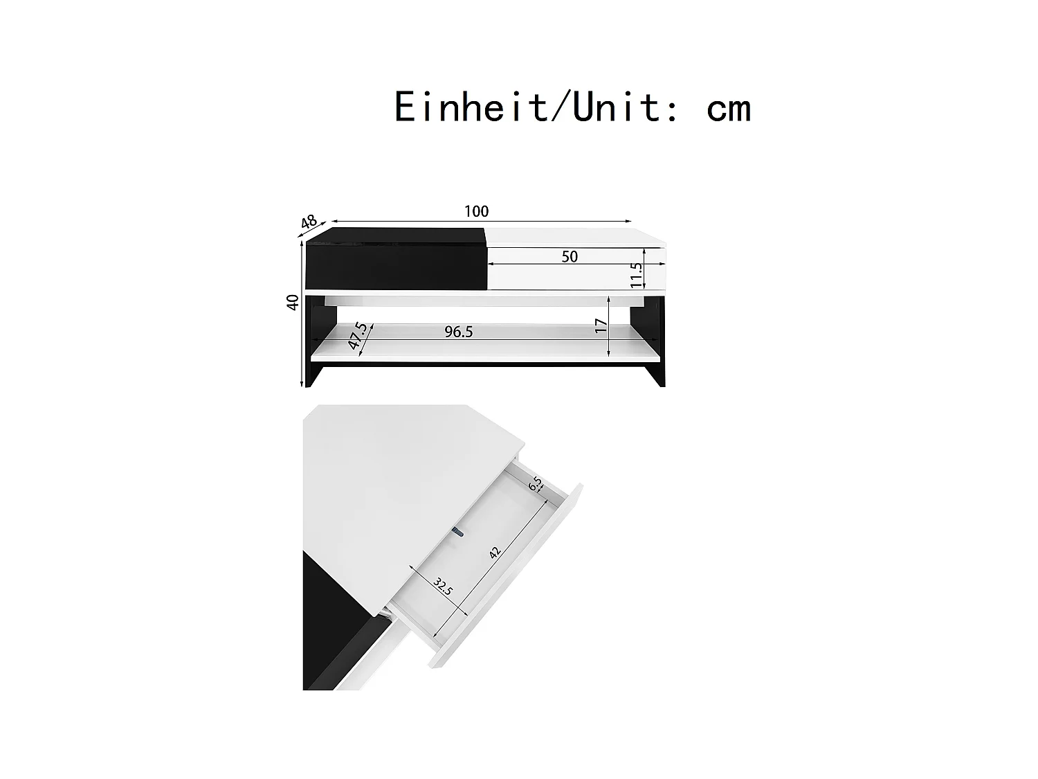 Table basse moderne 100x48x40cm - avec 2 tiroirs - Plateau brillant - Panneau de particules - Noir + blanc