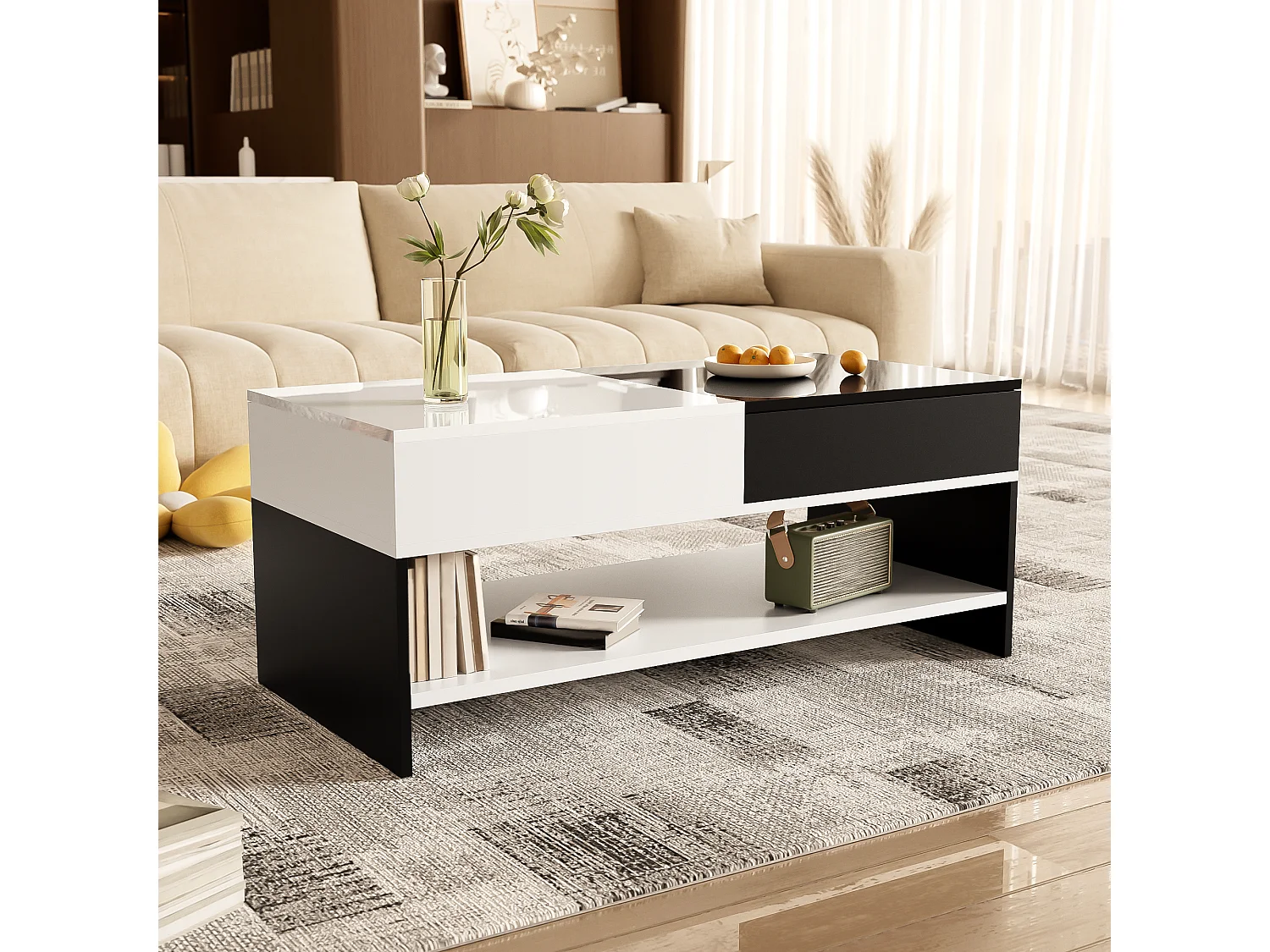 Table basse moderne 100x48x40cm - avec 2 tiroirs - Plateau brillant - Panneau de particules - Noir + blanc