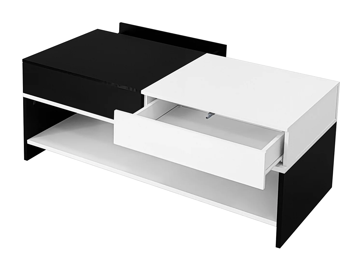 Table basse moderne 100x48x40cm - avec 2 tiroirs - Plateau brillant - Panneau de particules - Noir + blanc