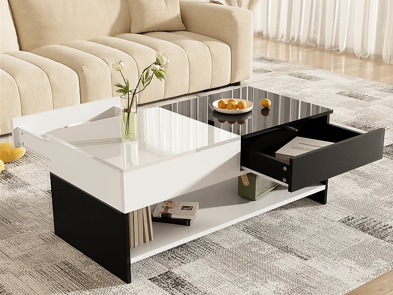 Table basse moderne 100x48x40cm - avec 2 tiroirs - Plateau brillant - Panneau de particules - Noir + blanc