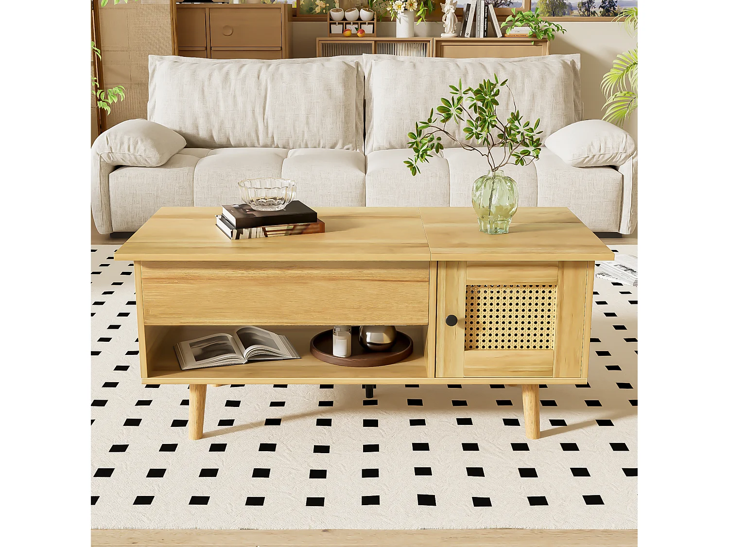 Table basse 103x50x46 cm - avec plateau relevable - avec 2 portes en rotin - naturel